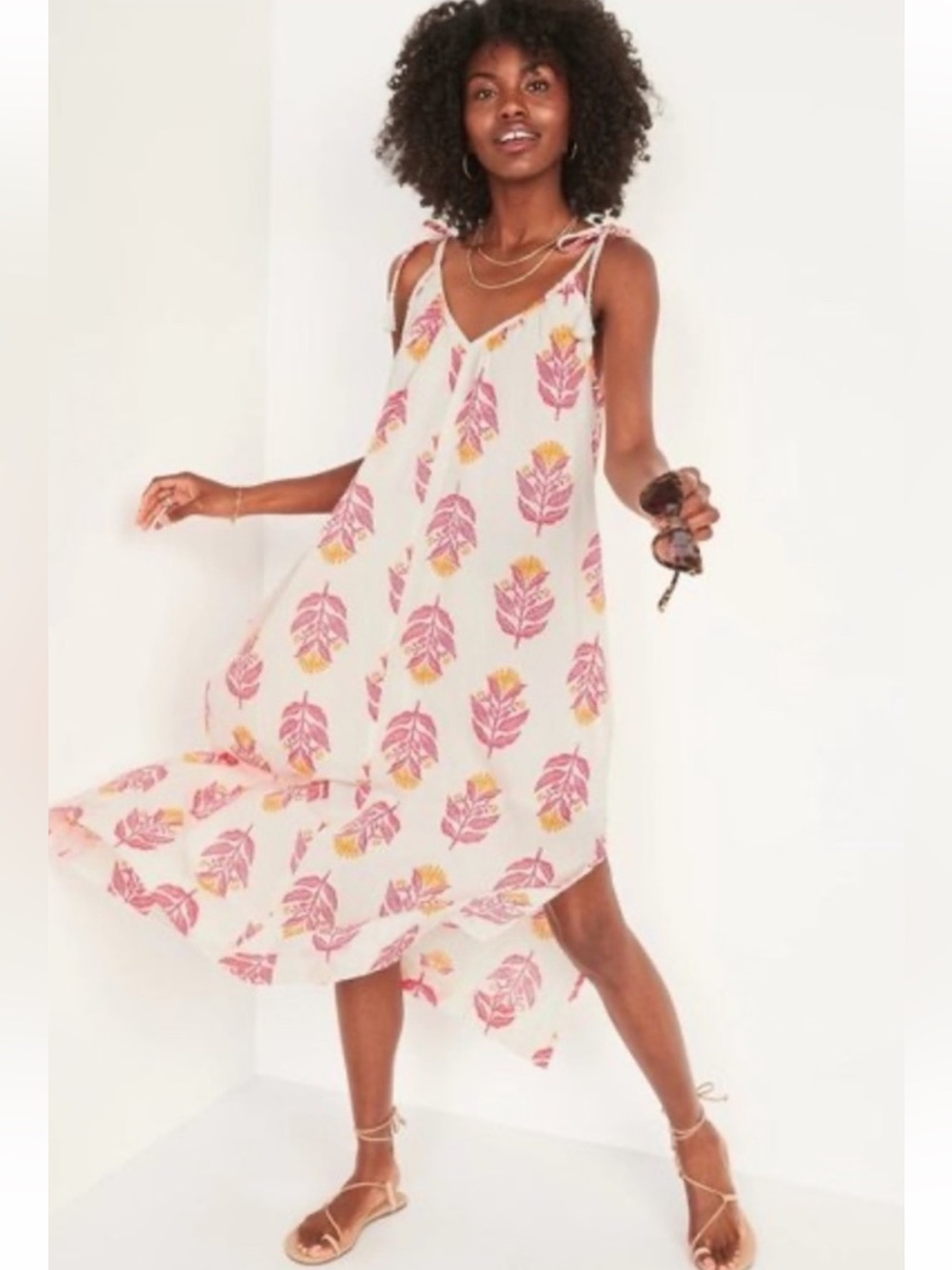 Old Navy Cream Maxi Dress with Pink & Yellow Leaf Motif